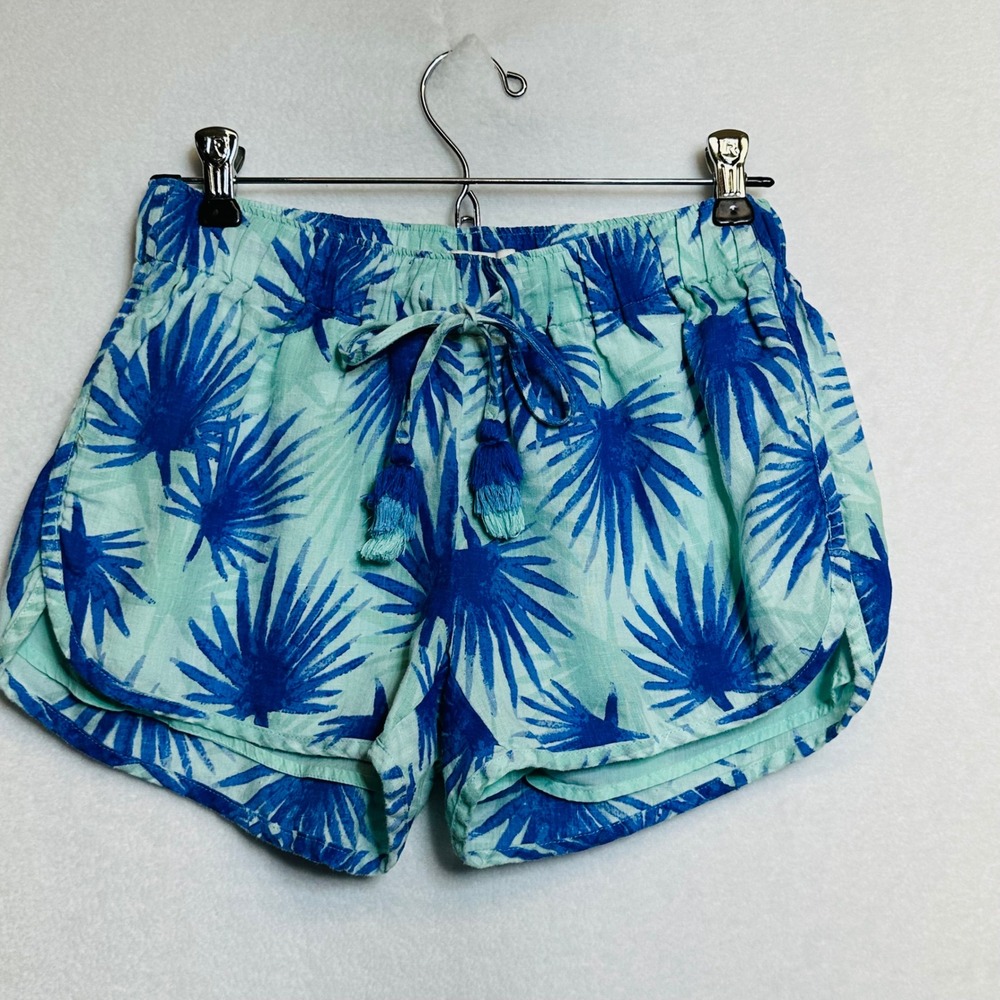 Vineyard Vines Shorts Women XS Blue Tropical Palm Leaf Linen Tassel Drawstring